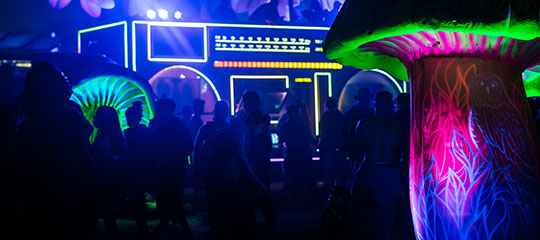 Boombox art car and a glowing mushroom