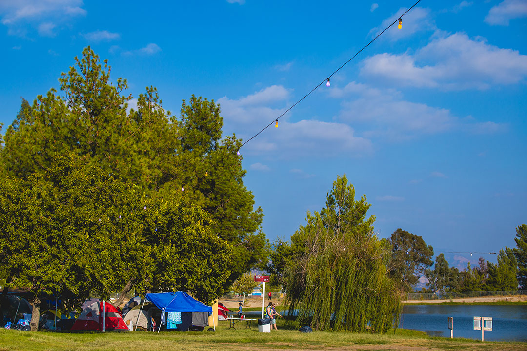 Tents set up near the lake