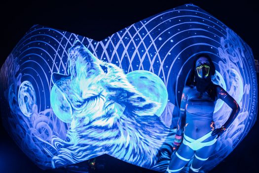A masked Headliner in front of wolf art