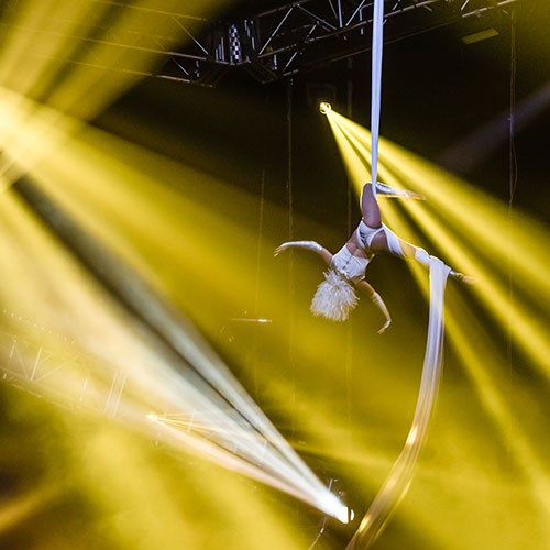 An aerialist performs over the stage