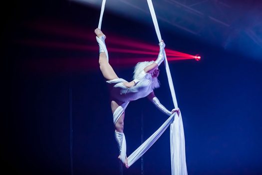 An aerialist performs on silk