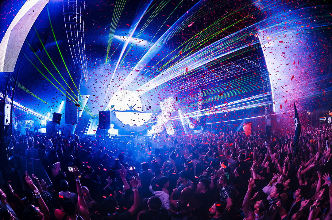Lights beaming from the stage