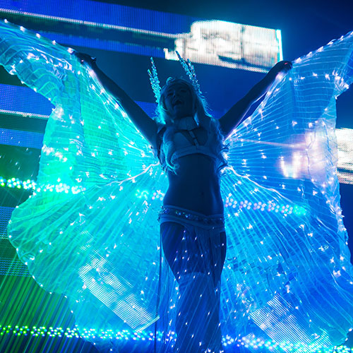 A winged performer onstage