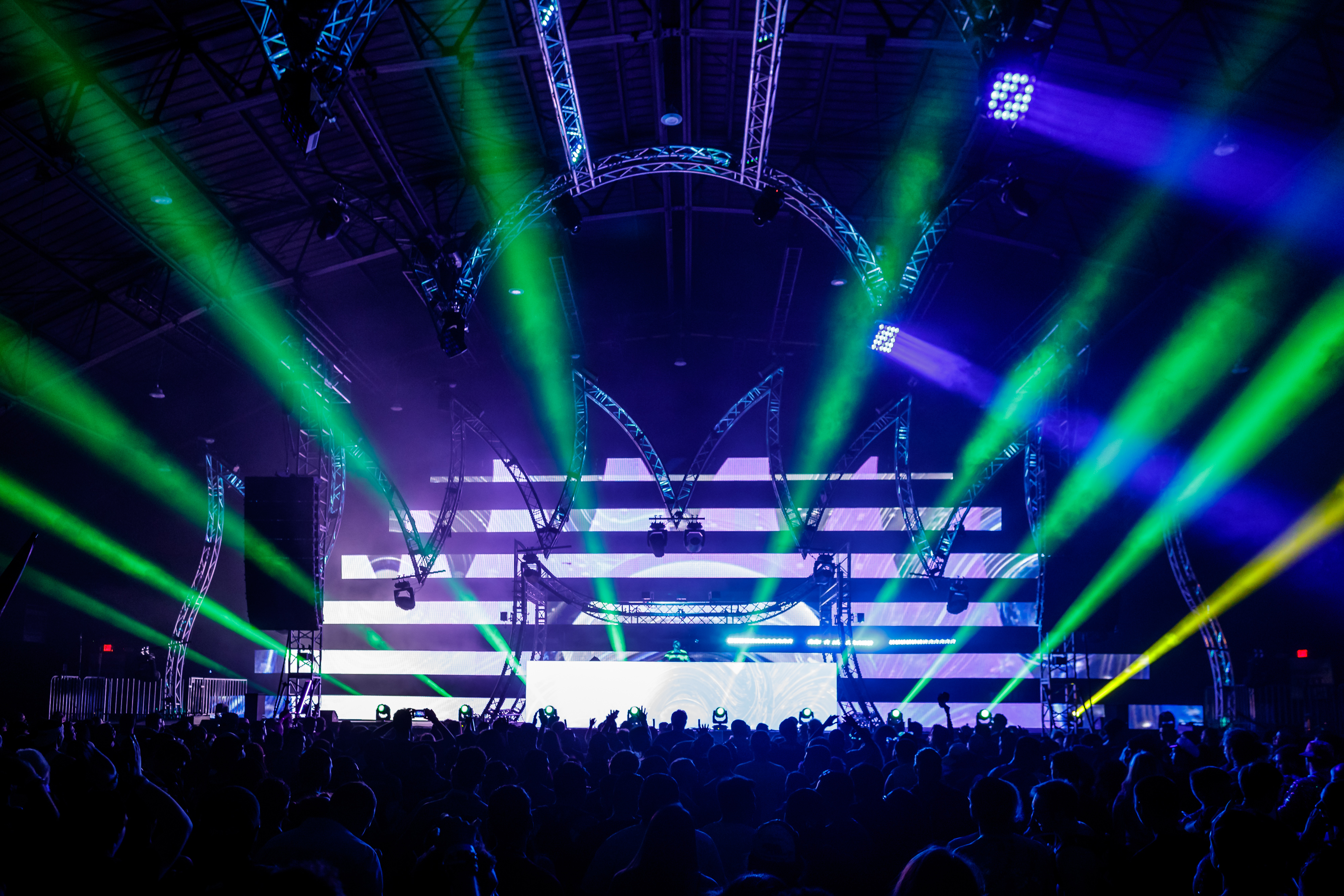 Green lasers and blue stage lights