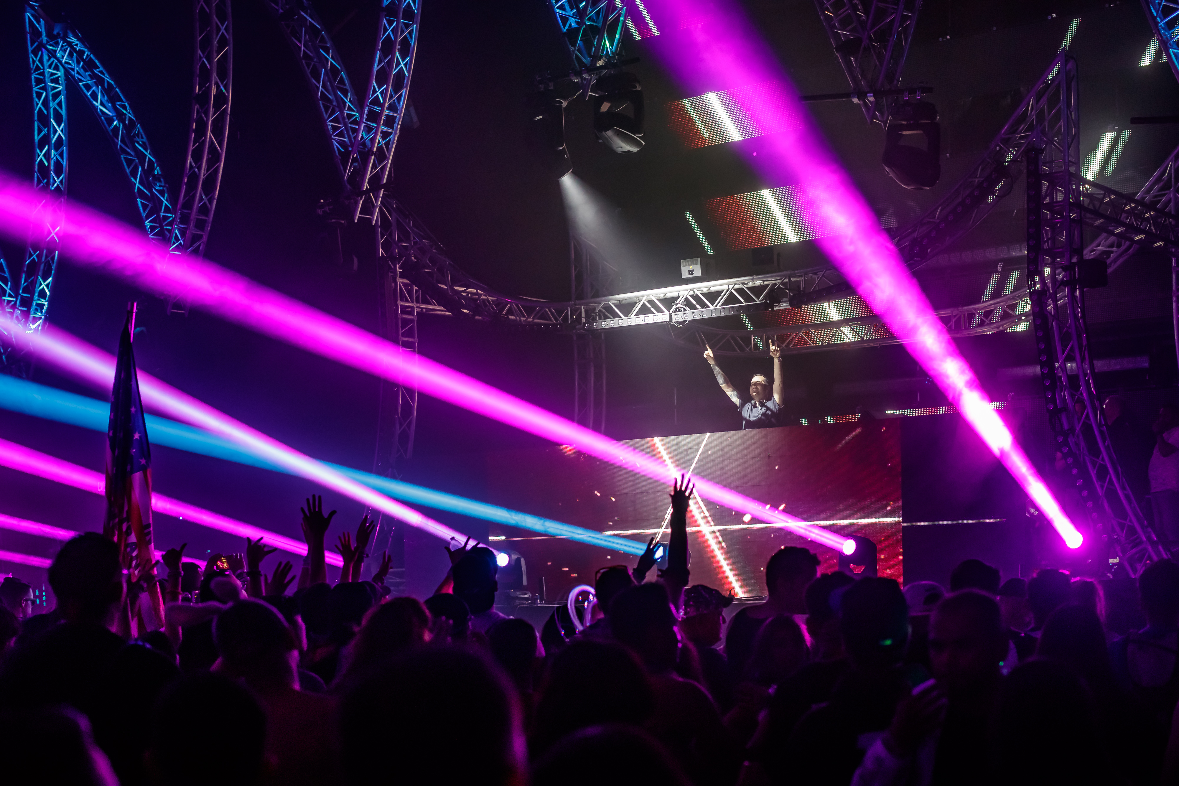 Purple and blue lasers from the stage