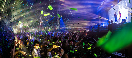 Confetti rains over the crowd