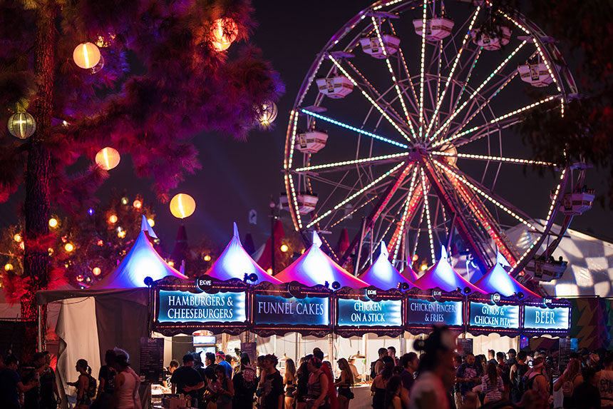 Food tents and a Ferris wheel