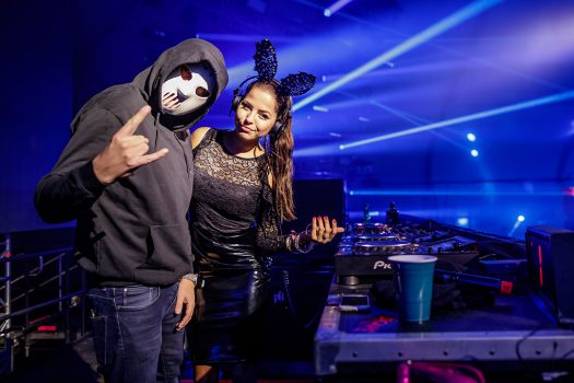DJs in a hockey mask and bunny ears