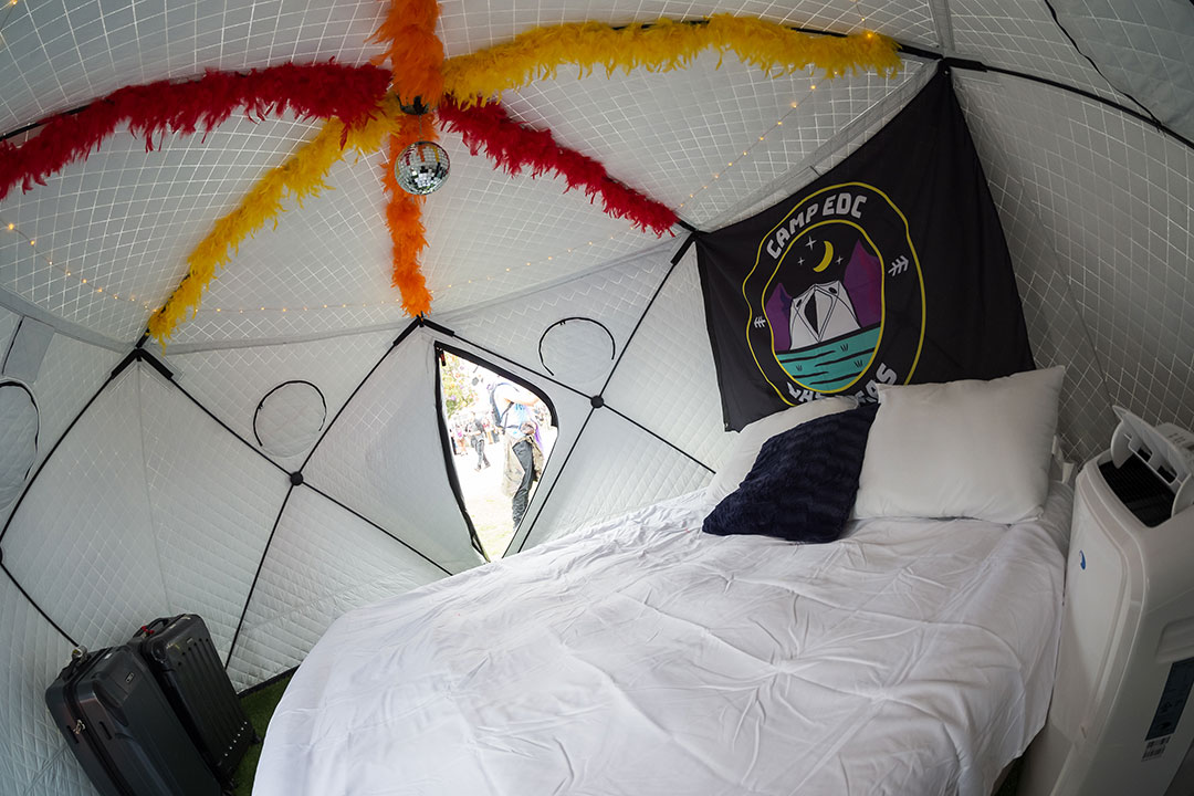 A ShiftPod2 with a bed and decorations