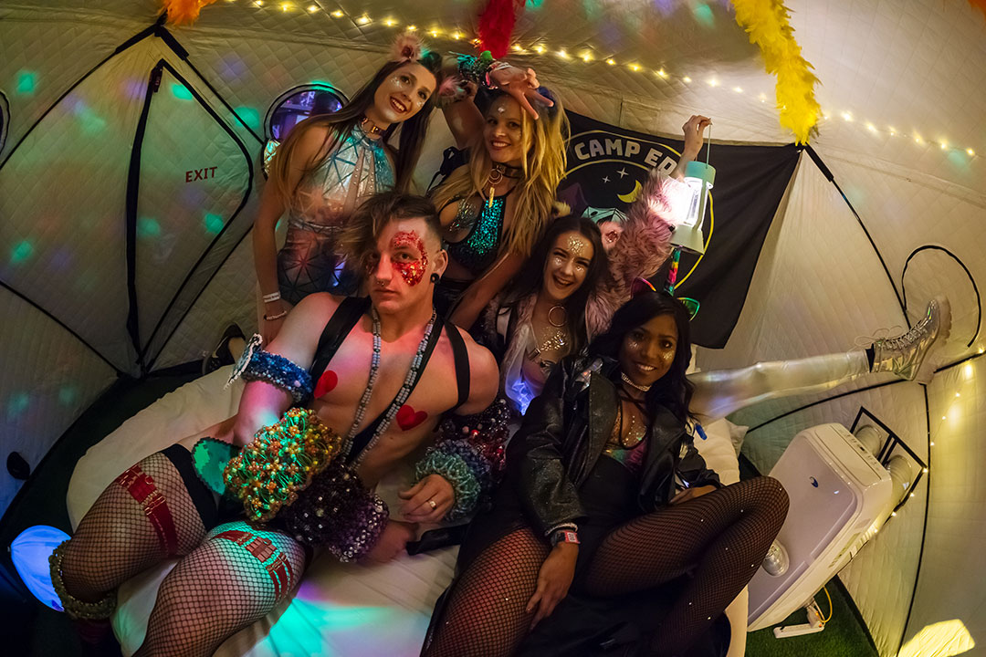 A group of festively adorned Headliners on the bed in a ShiftPod2