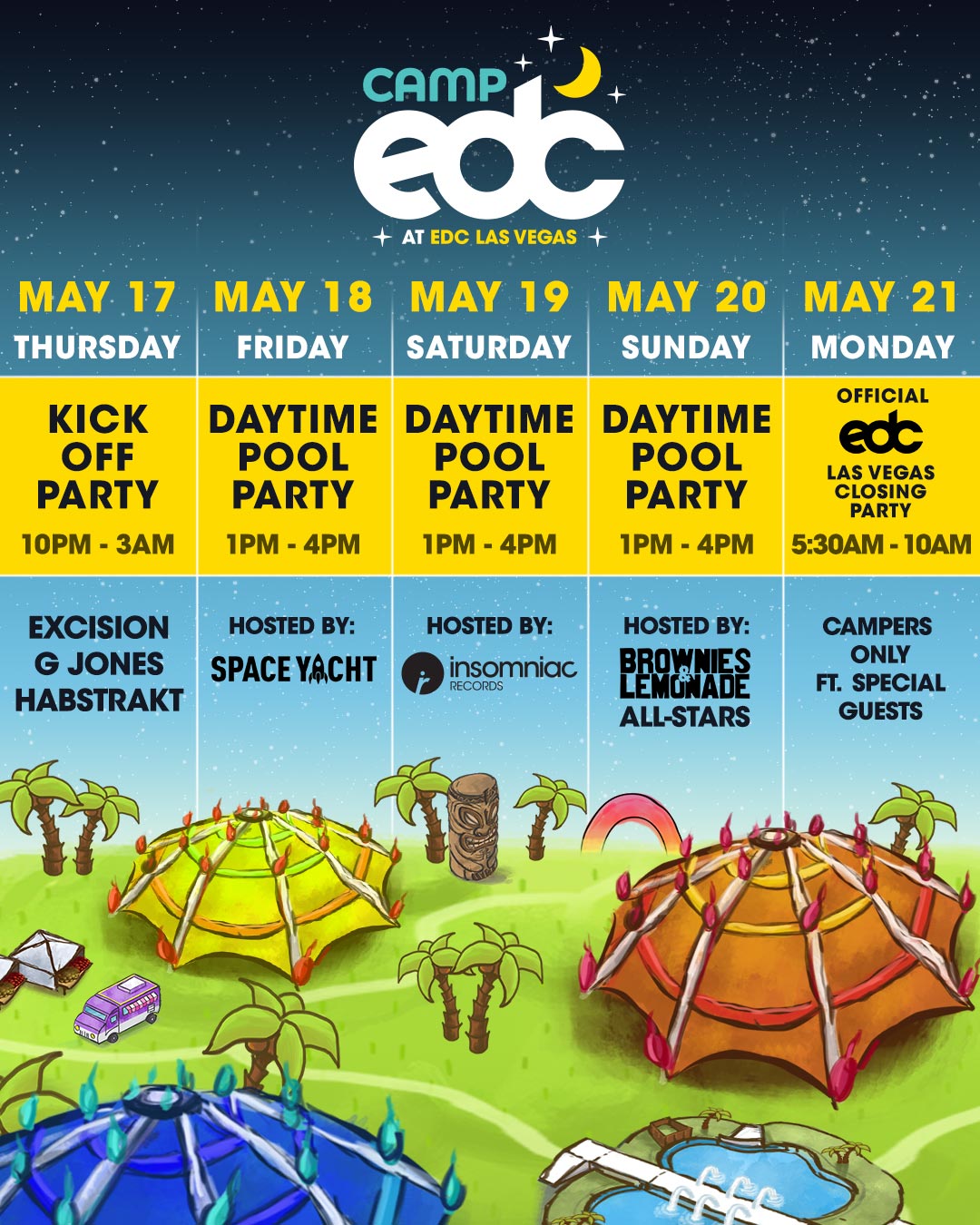 Camp EDC party schedule