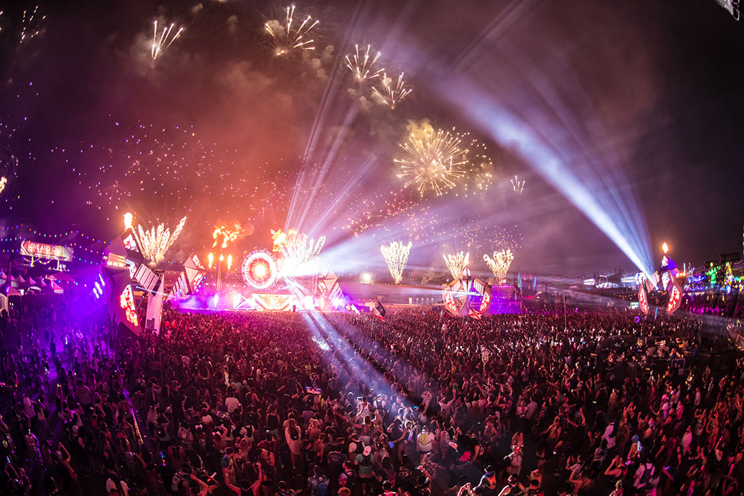 Lights beaming from a stage