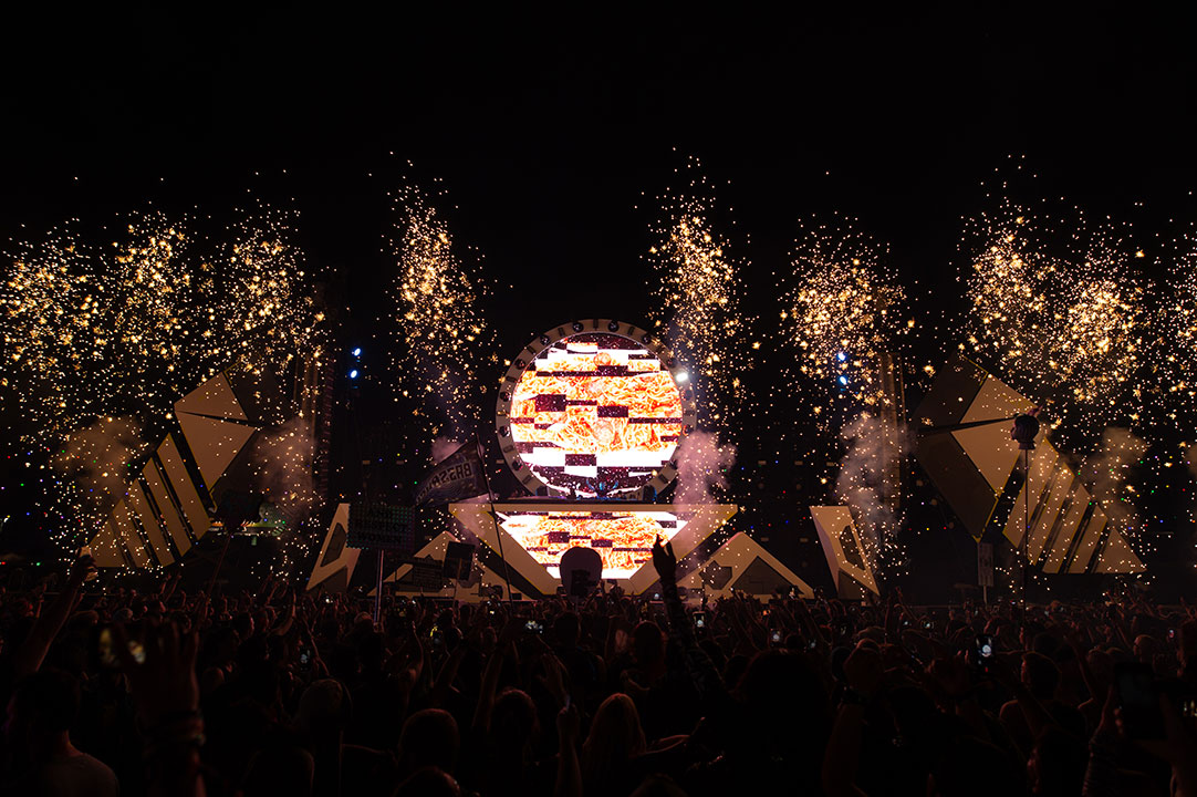 The stage glowing at night