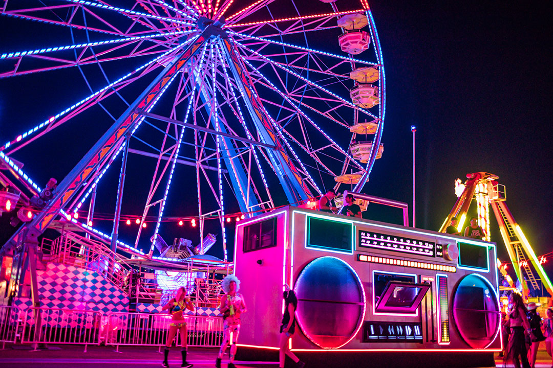 The Boombox art car by a Ferris wheel