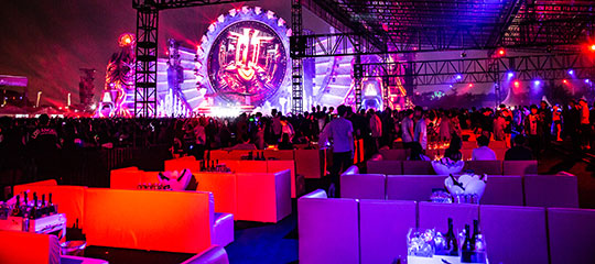 Red and purple seating area