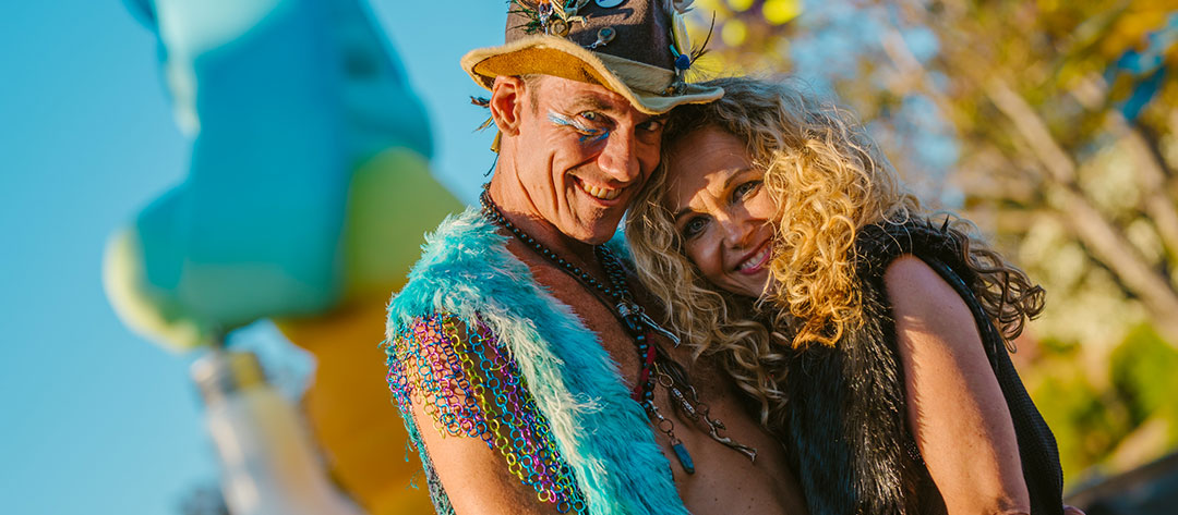 A man and a woman hug