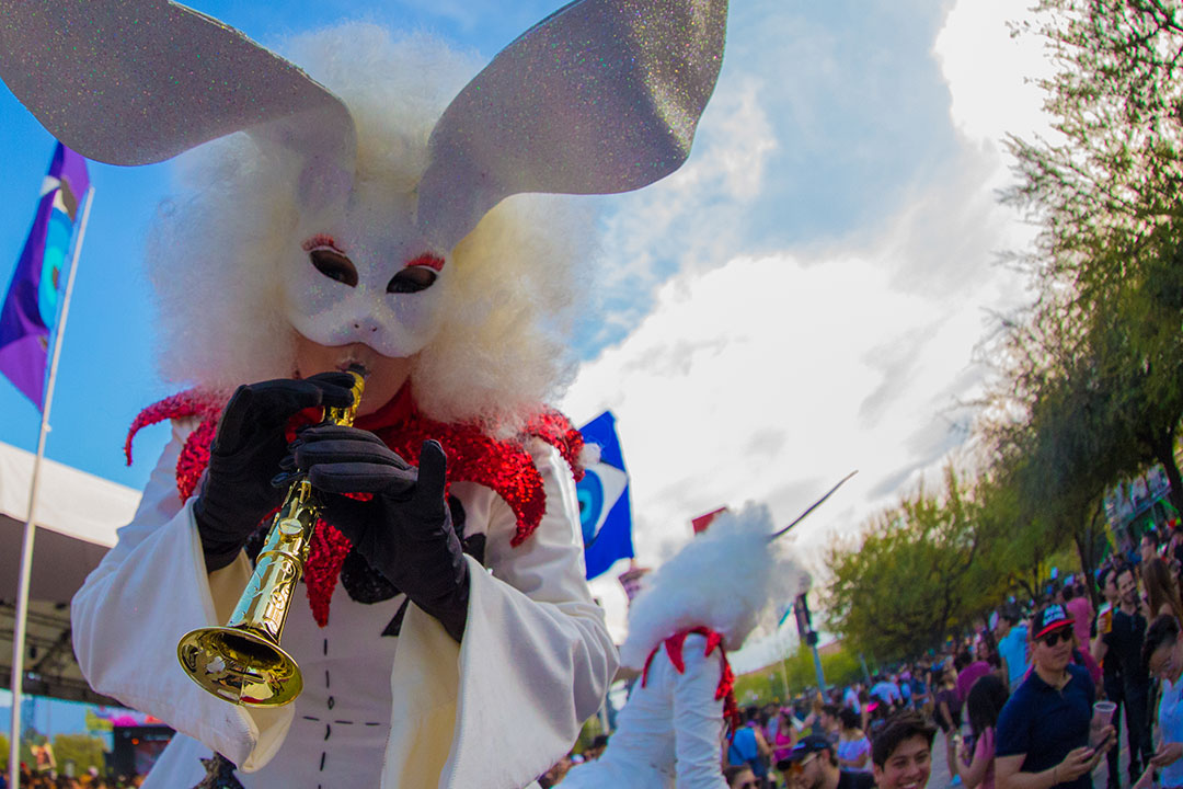 A rabbit performer with a trumpet