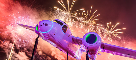 An airplane and fireworks