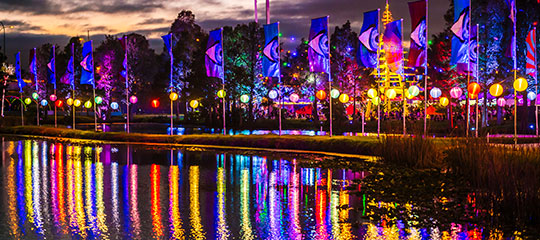 Festival lights reflect on the lake at Tinker Field