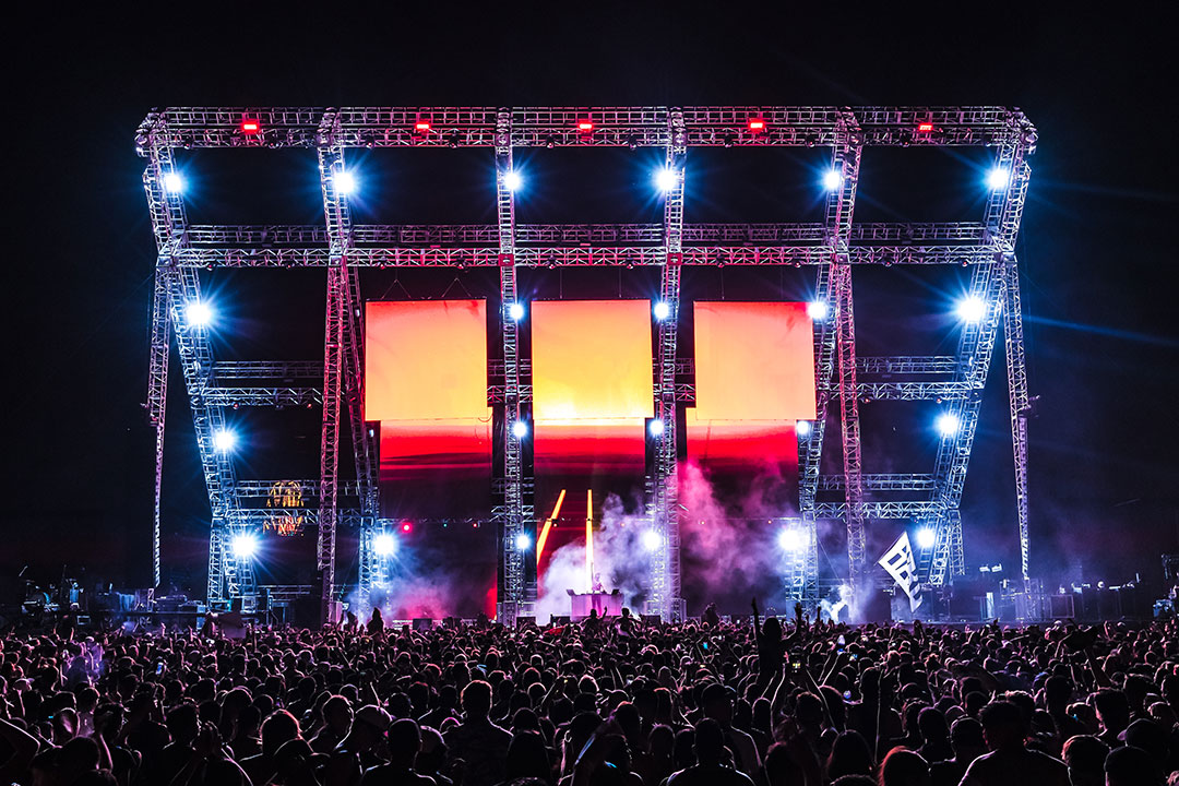 The stage lit up at night